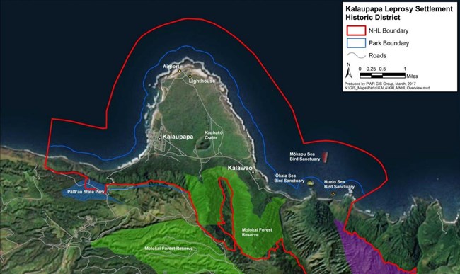 Satelite map of Molokai Island with outline of National Park boundary. Shows Kalaupapa settlement on peninsula. Up the steep hill from the settlement is the lighthouse on the point