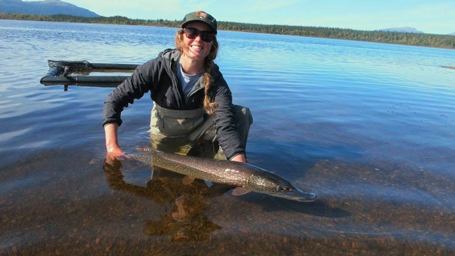 Smiling woman in waders holding a long, snout-nosed fish in the water.