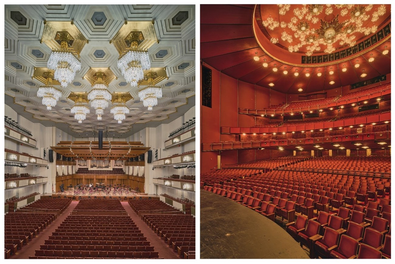Kennedy Center Internal (Left) Interior of the Grand Foyer with a multistory-high ceiling, chandeliers, and red carpet. A bust of President Kennedy. (Right) Red interior of the Opera House, orchestra level and three balconies capped with ceilings and light fixture in gold.