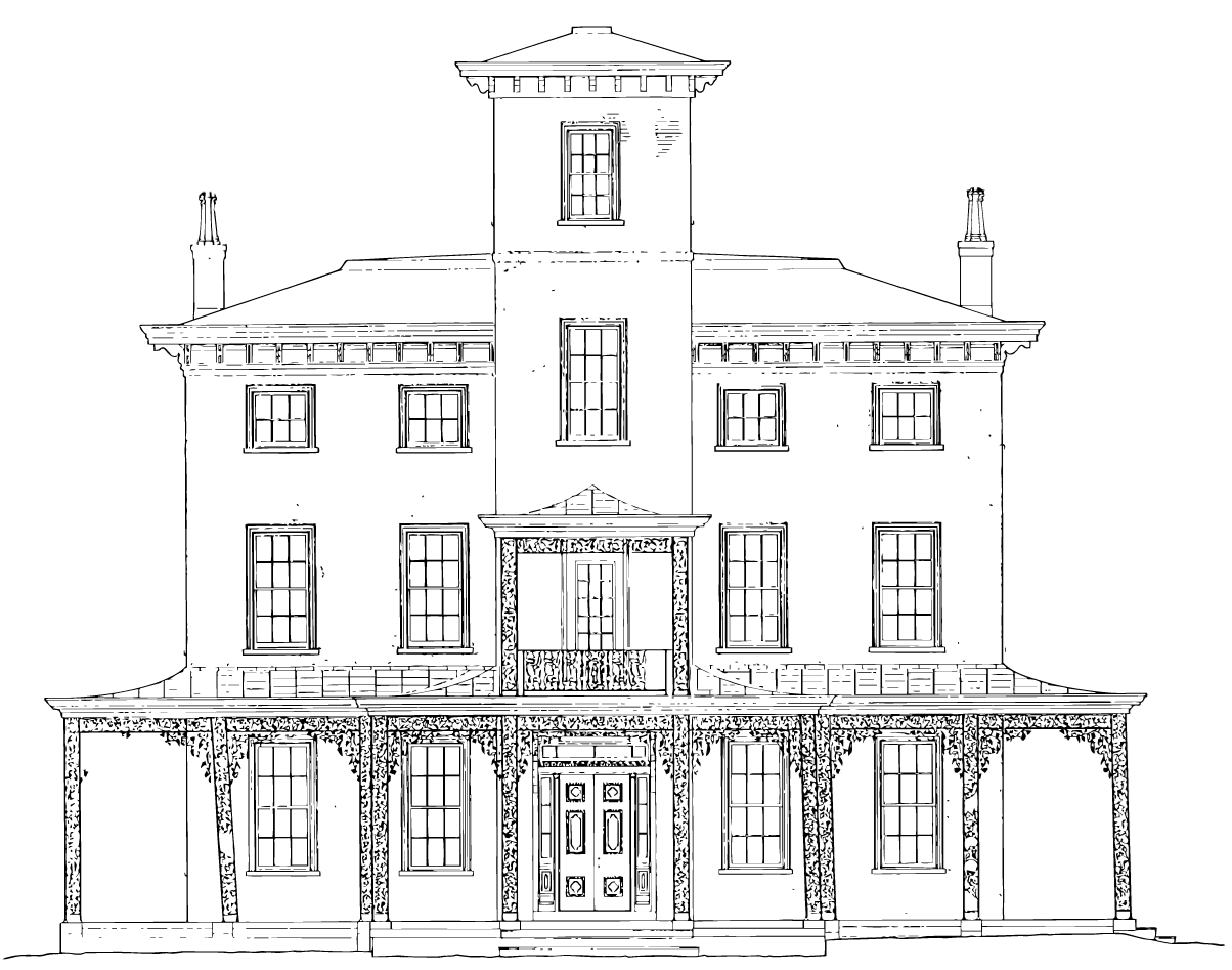 Line drawing of a four-story italian villa mansion house
