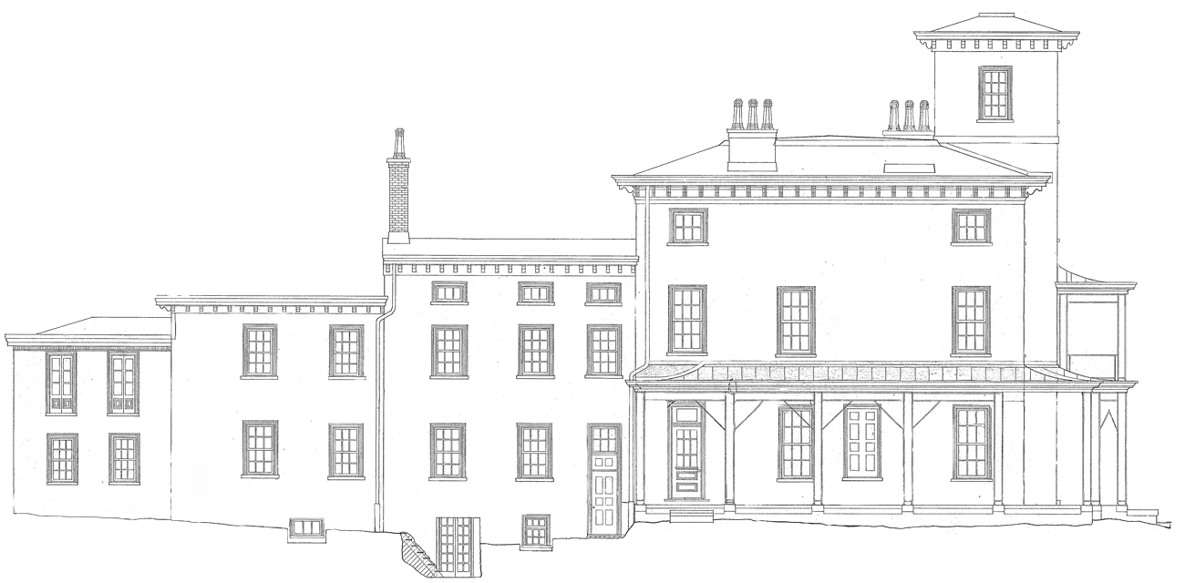 Kennedy Supplee Side View Line Drawing line drawing of the side view of a large 4-story italian villa mansion house