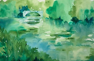 A watercolor landscape of a bridge crossing a river.