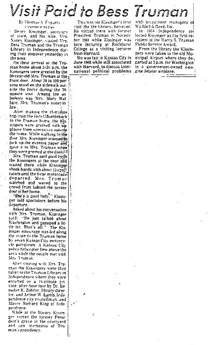 Kansas City Star article about the Kissingers' visit to Mrs. Truman. Newspaper article
