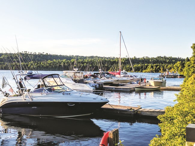 Multiple boats docked at the Windigo docks.