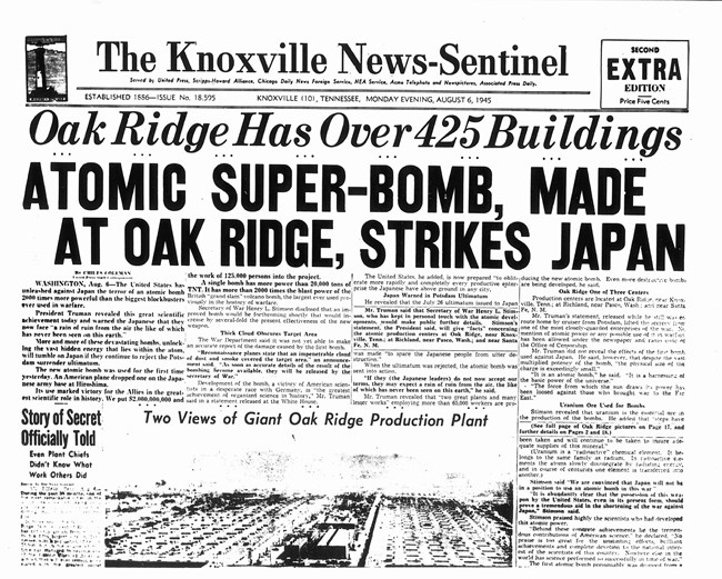 Knoxville newspaper with Hiroshima bombing headline