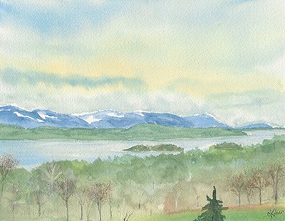 A watercolor landscape of a river with distant mountains.