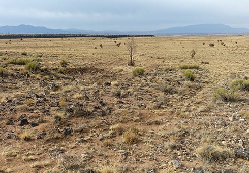 Tracks, swales and other traces of El Camino Real traffic have formed through the centuries into permanent features of La Bajada Mesa south of Santa Fe. Photo © Jack Parsons