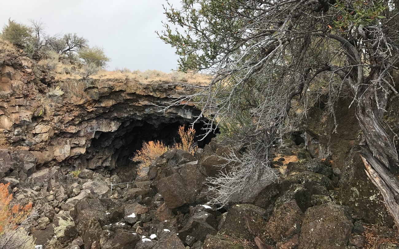 Cave opening in Lava Beds National Monument. Cave opening in lava rock just below ground level.