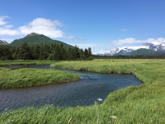 Landscape view of a green meadow, a creek, and mountains