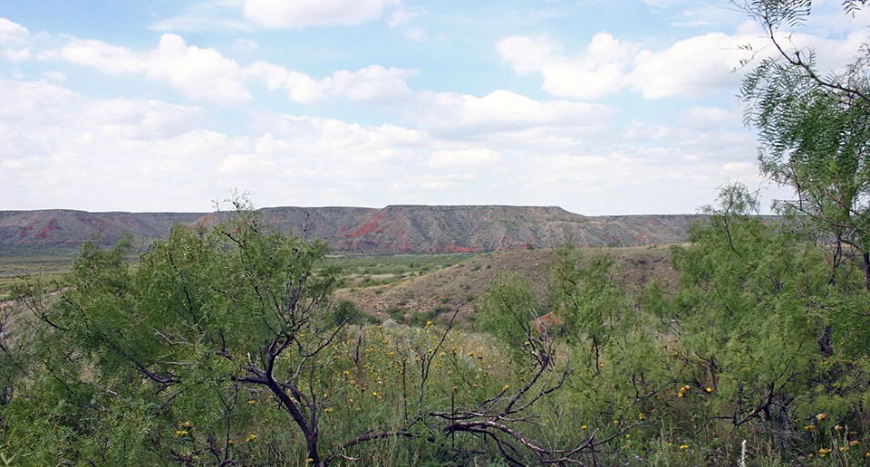 Lake Meredith National Recreation Area Green and red hills under cottony clouds and vibrant, green foliage in the foreground