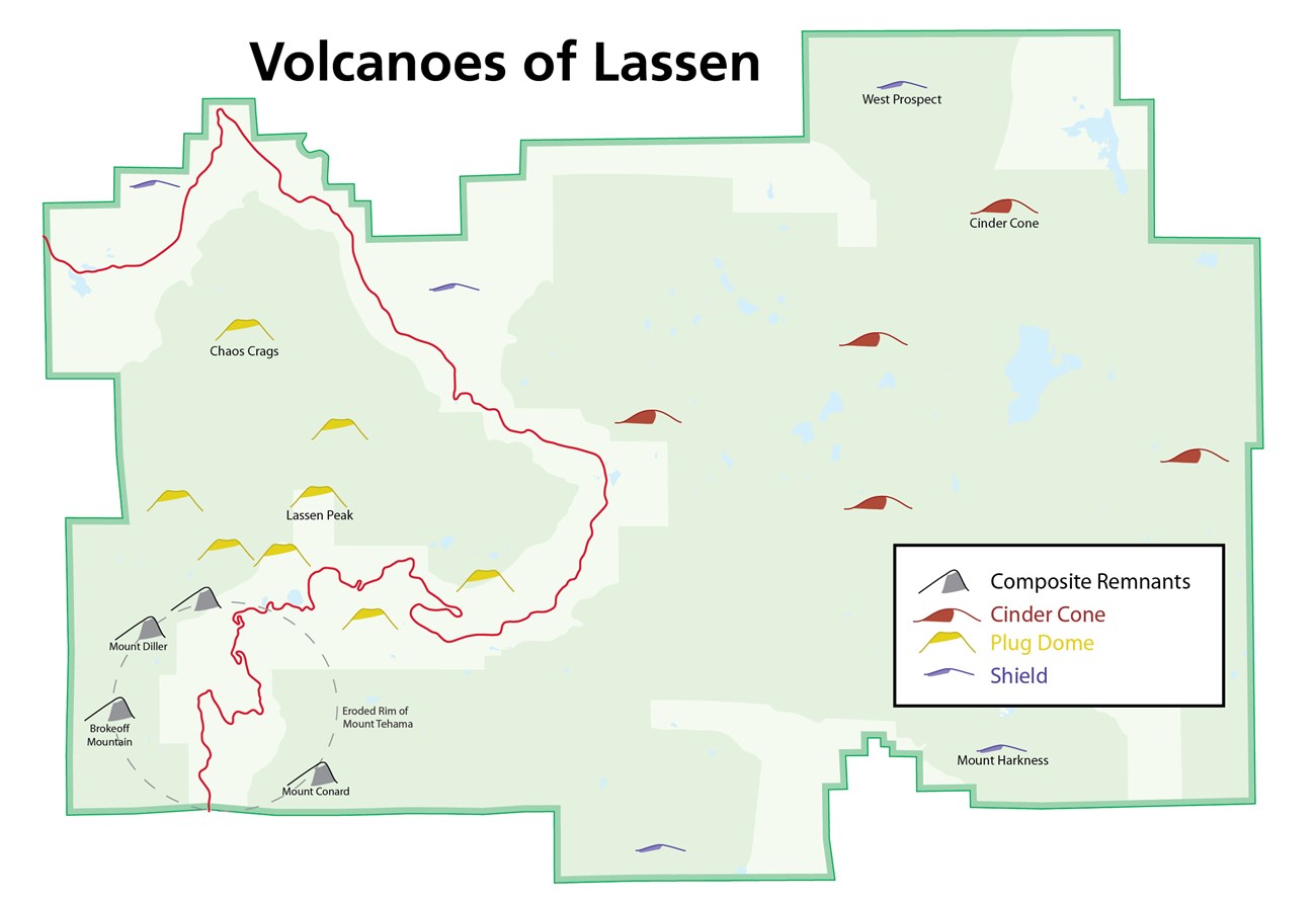 image of a simple map outline of the park showing locations of volcanic features