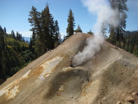 LAVO funarole sulphur works steam vent in mound of hydrothermally altered yellow soil