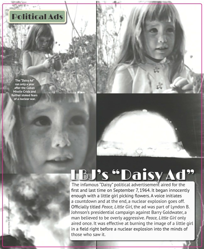 LBJs Daisy Ad An exhibit panel showing black and white images of a television ad.