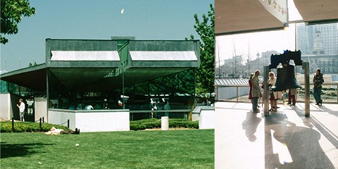 Exterior photo next to interior photo of the Liberty Bell Pavillion