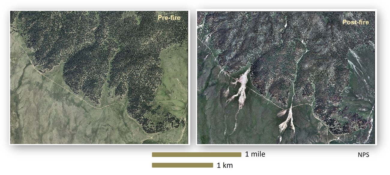 aerial imagery showing development of post-fire alluvial fan debris