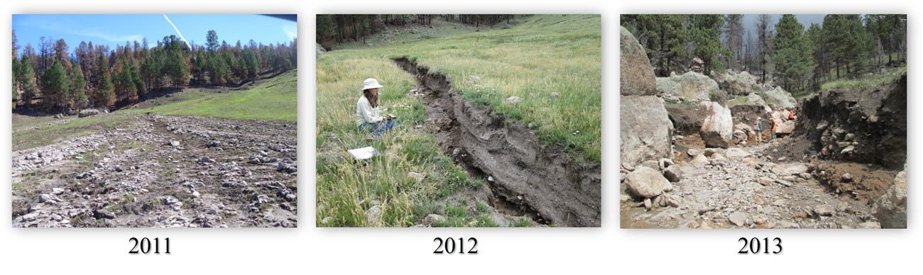 three comparison photos showing erosion trenches over time.