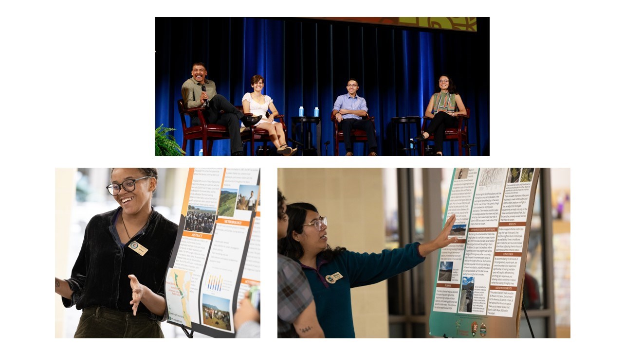 Top: Four individuals in business dress speaking on a panel with a blue velvet curtain in the backgroung Bottom: Two individuals in dark business dress presenting posters to staff and colleagues