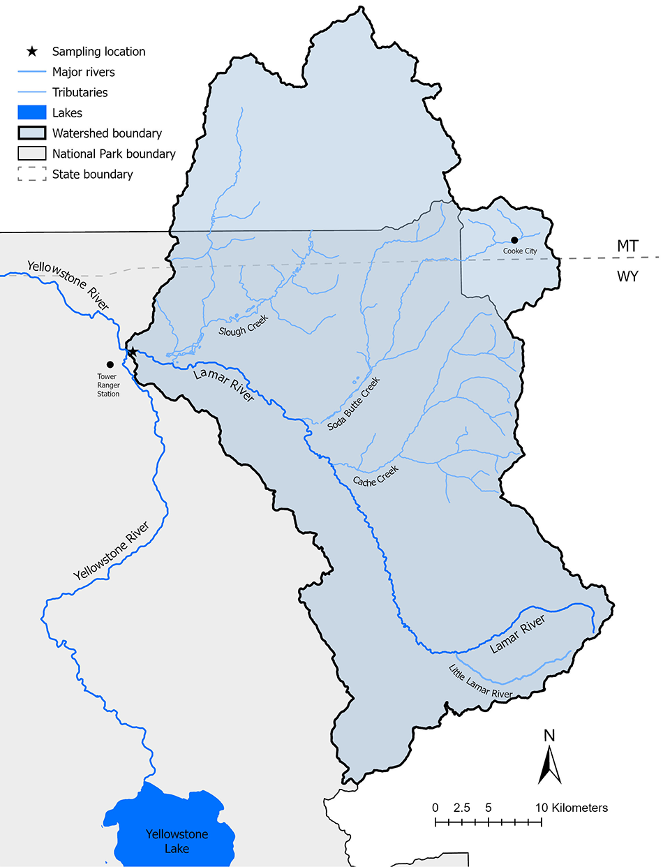 Map of the Lamar River and associated watershed in Wyoming