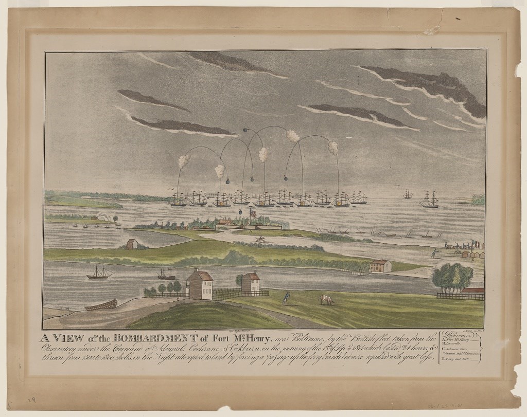 Artist's rendering of the bombardment of Fort McHenry during the war of 1812. Cannonballs fly through the air between ships and the fort.
