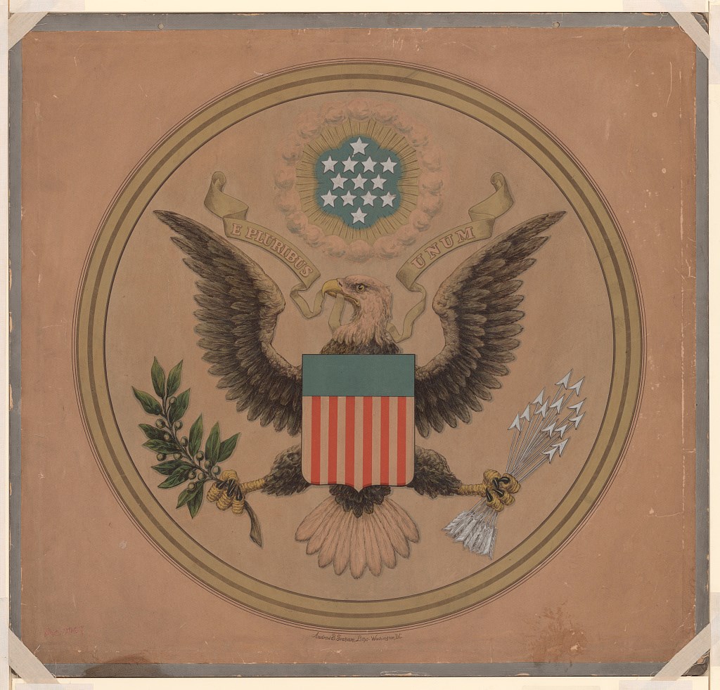 Lithograph of the great seal of the United States; a bald eagle clutching an olive branch in the claw on the left and thirteen arrows in the claw on the right. Above are the words "E Pluribus Unum"