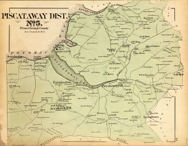 A beige colored page with green representing the Piscataway region.