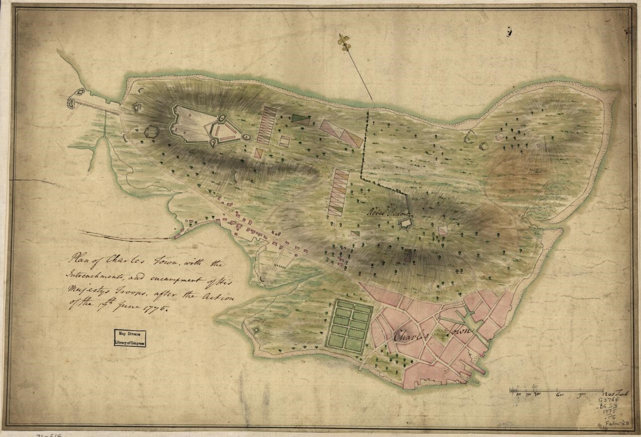 Plan of Charlestown depicting entrenchments around and on the three hills of the Peninsula.