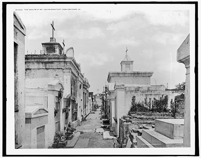 LOC St. Louis Cemetary Vaults Photo An image of the tombs and vaults of St. Louis Cemetery, New Orleans, La. from an unknown location, displayed in black and white.