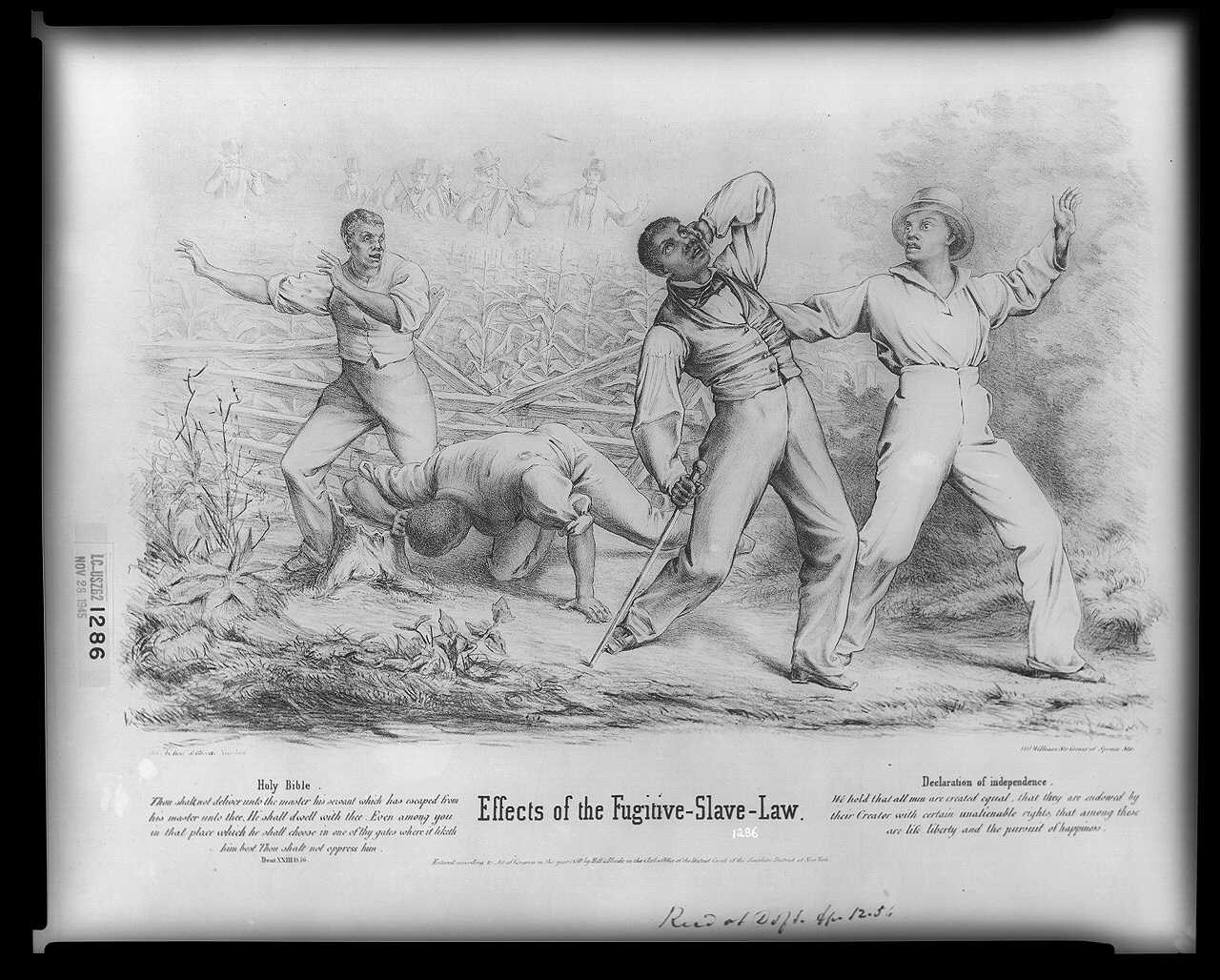 Political Cartoon. Four men who appear to be of African descent run through a field to get away from a mob of white men, who appear to be carrying and firing guns.