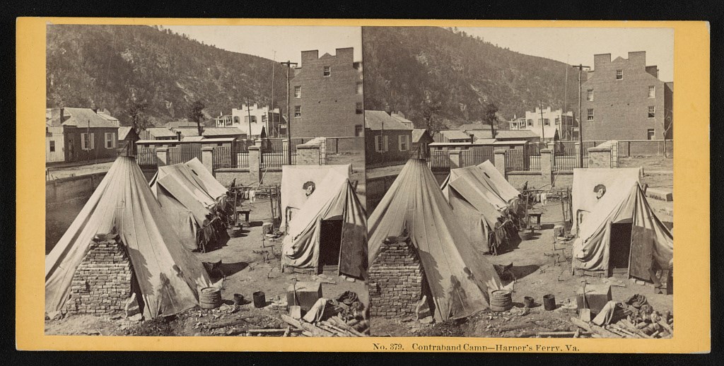 Stereograph showing a contraband camp near the 22nd NY State Militia in Harpers Ferry.