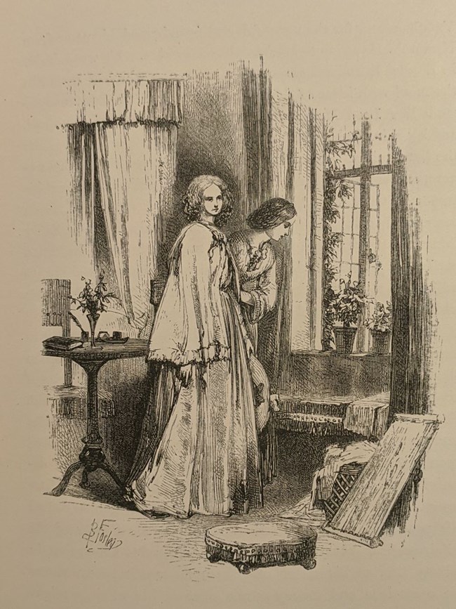 Engraving of two women in long dresses looking out of window