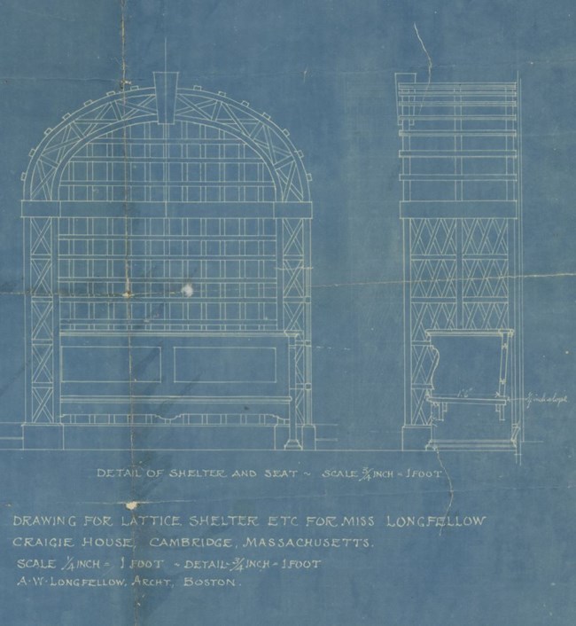 Blueprint of front elevation and side elevation of arched trellis structure over bench