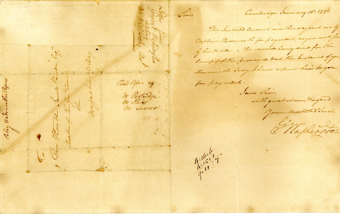Manuscript letter with one page of writing and one page of address, signed by George Washington