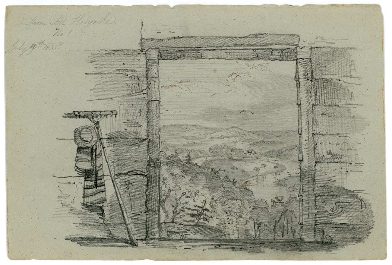 pencil drawing of landscape with riverbend seen through large square door