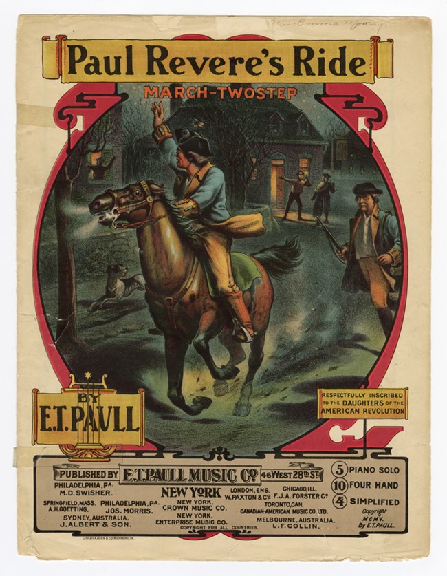LONG 23076 Cover of sheet music featuring image of Paul Revere riding through town on a horse
