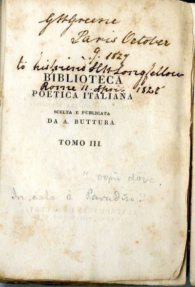 lt= Title page of book with title in Italian and three handwritten inscriptions