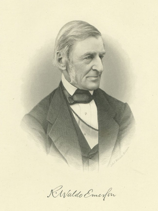 Engraved portrait of Ralph Waldo Emerson head and shoulders with his signature below