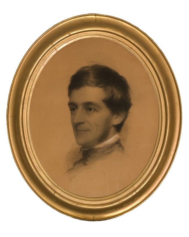 Bust-length charcoal portrait of man in oval gold frame