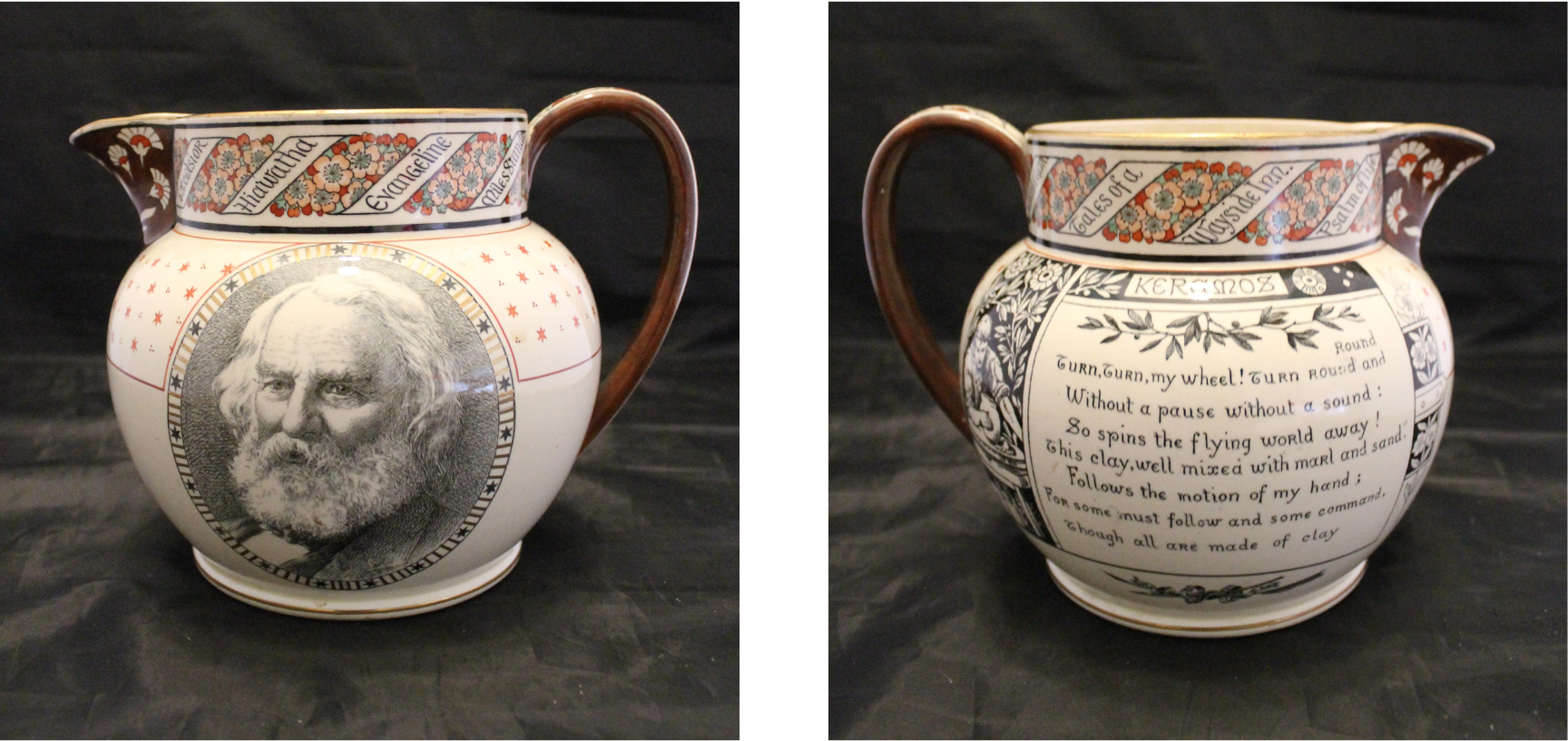 Front and back of a ceramic jug with an oval portrait of a bearded Longfellow, a seven-line verse from “Keramos,” and a band of flowers intertwined with scrolls that contain names of other poems.