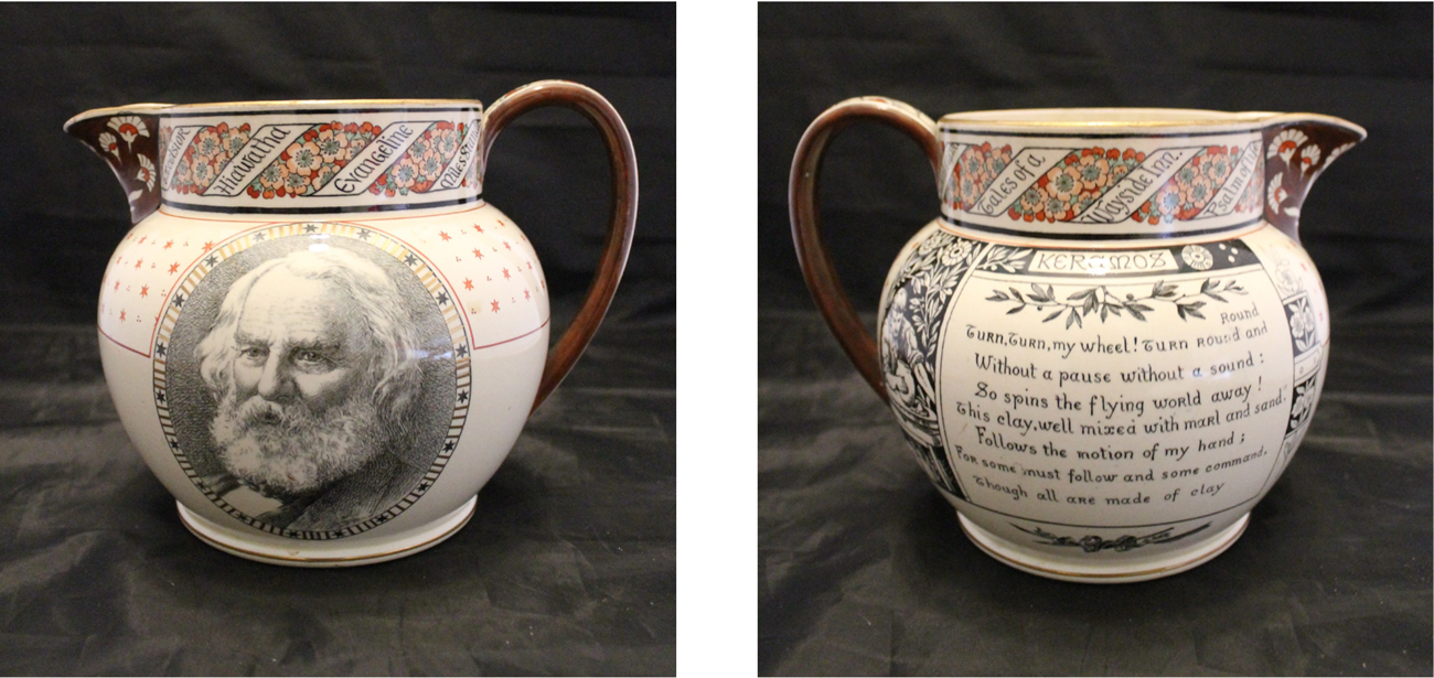 LONG  5829 Front and back of a ceramic jug with an oval portrait of a bearded Longfellow, a seven-line verse from “Keramos,” and a band of flowers intertwined with scrolls that contain names of other poems.