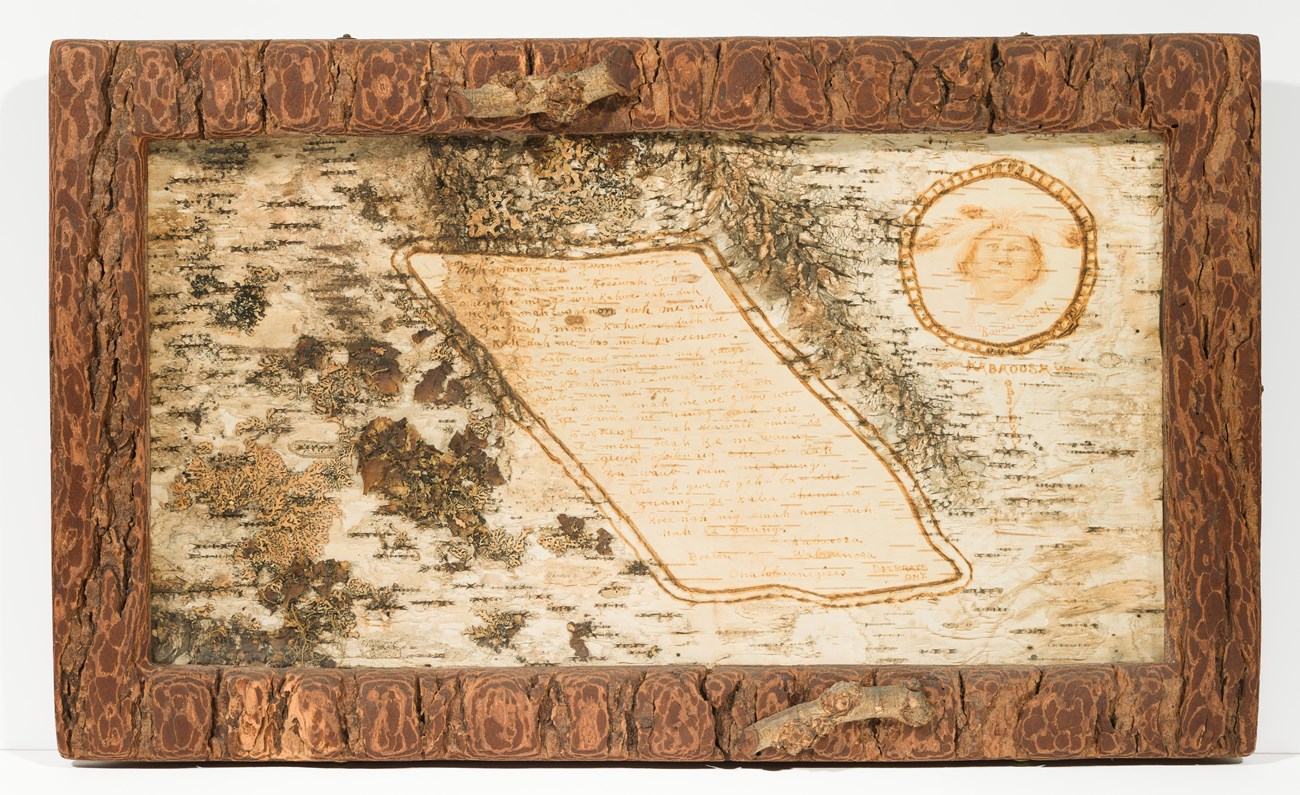 LONG 6132 Birchbark panel with rustic bark surface, text, and small portrait in bark frame.