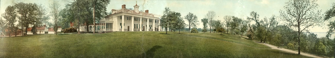 LONG 6719 Panoramic photograph of mansion, Mount Vernon, on a hill