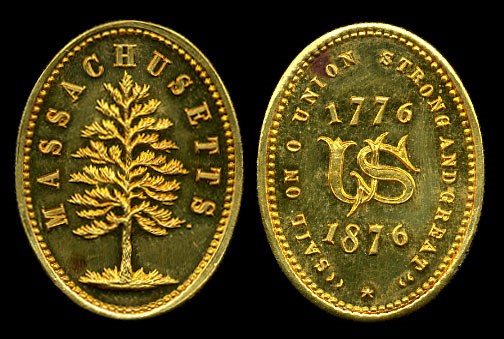 LONG 7194 Two sides of an oval gold medal with design of pine tree and US monogram