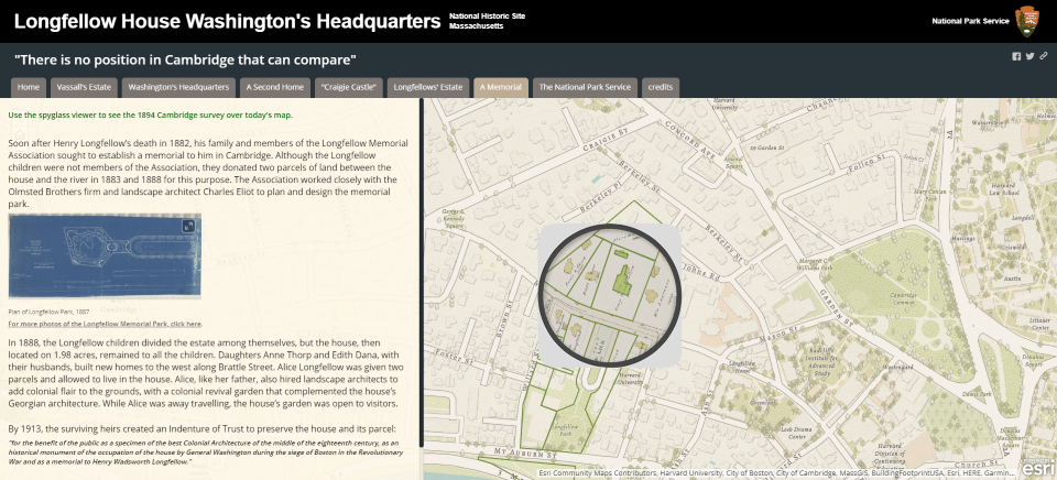 Map of Cambridge with historic map appearing in circle. Inset blueprint of park with text on left column.