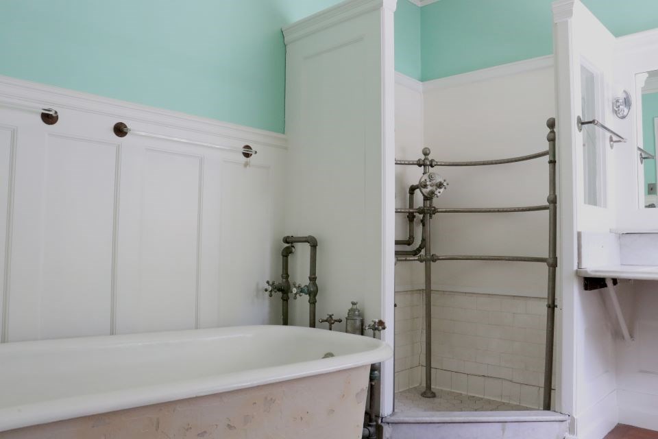 1902 bathroom Bathroom with white paneling and teal walls showing shower stall and separate bathtub