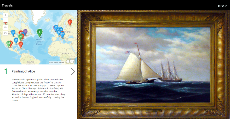 Online exhibit featuring painting of yacht sailing on ocean on left and map with multicolored pins on right.