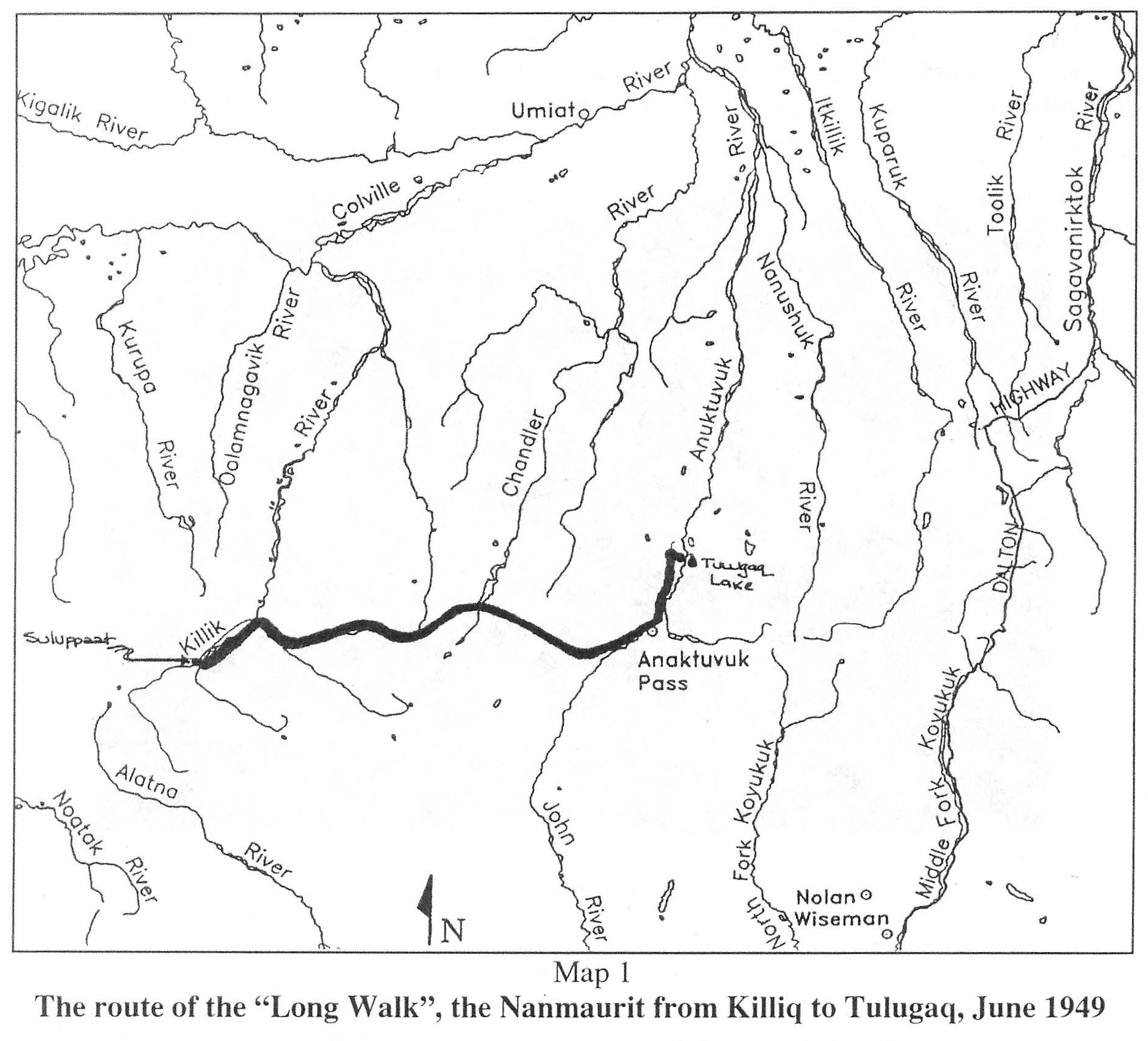 Simple map depicting the route of the Long Walk in relation to the region's river drainages Simple map depicting the route of the Long Walk in relation to the region's river drainages