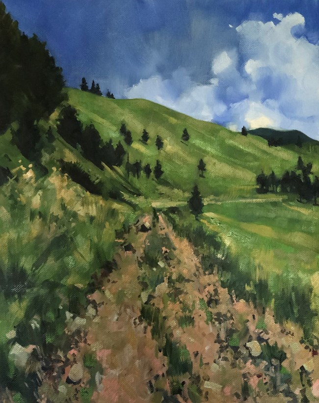 A color painting of a dirt trail climbing a grassy mountain slope.