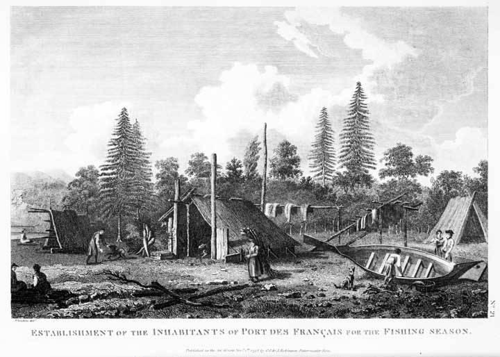 Illustration of a late eighteenth-century Lituya Bay Tlingit fishing camp. Based on the 1785-1788 explorations of Jean François de Galaup de La Perouse. Courtesy of Alaska State Library.