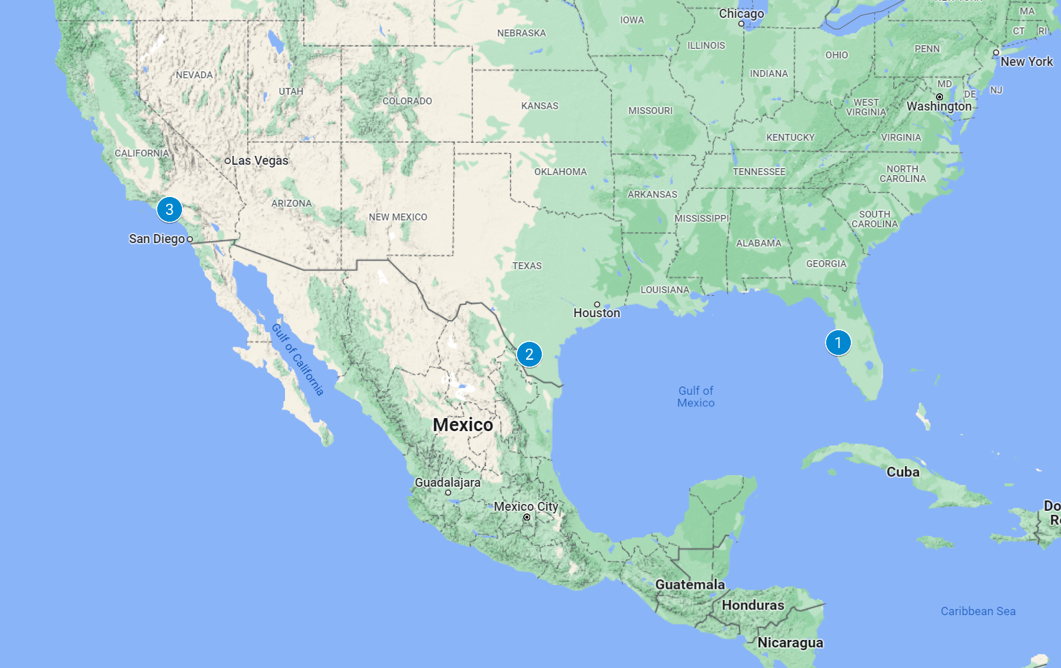 Map of the United States with numbered points representing the locations of the places in this article