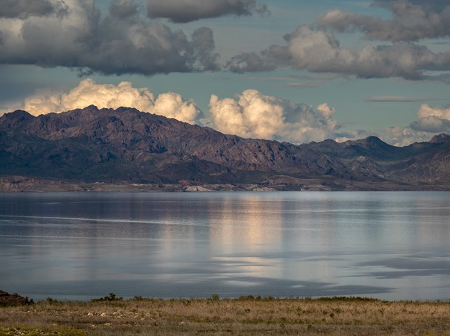 Scenic View of Lake Mead's Boulder Basin Mountains sit behind a lake at dusk